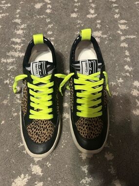 Gianni Bini Black & Leopard Sneakers with Neon Green Laces